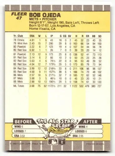 Bob Ojeda Mets baseball card with original gloss from 1989 Fleer product