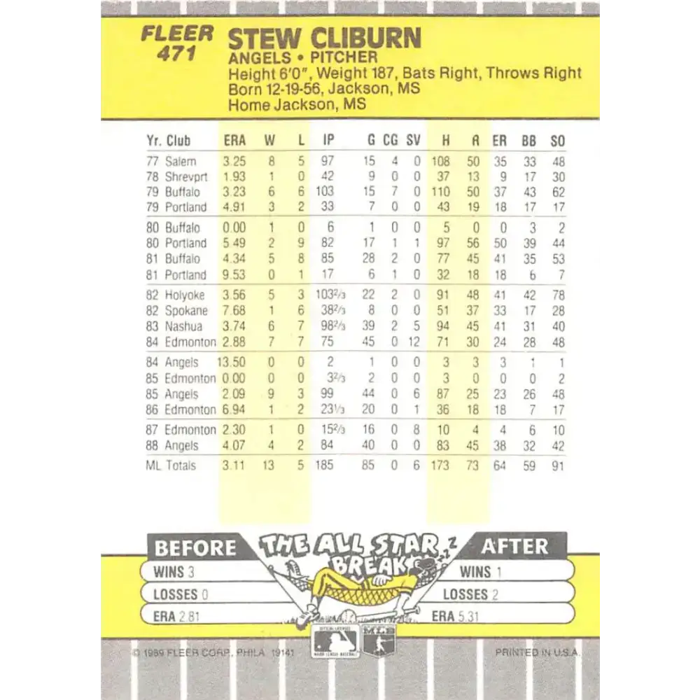 1989 Fleer #471 Stew Cliburn EX Excellent California Angels Baseball Card - Baseball Card Single