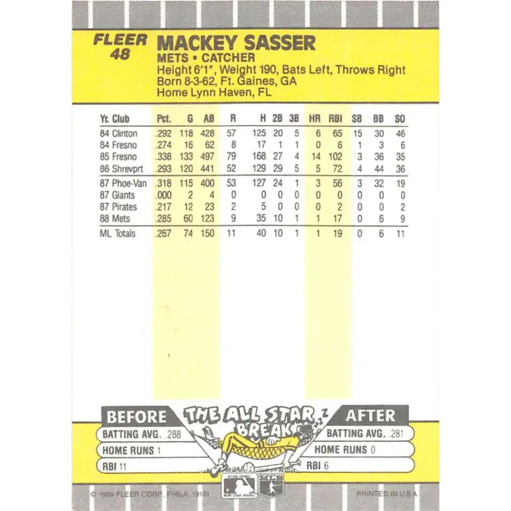 1989 Fleer #48 Mackey Sasser EX Excellent New York Mets Baseball Card