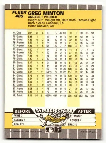 Greg Minton California Angels baseball card from 1989 Fleer #485 in EX/NM condition