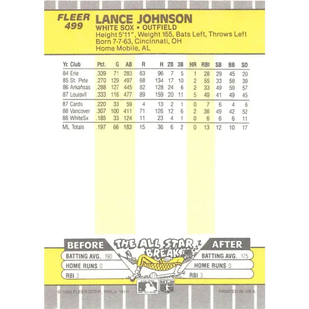 1989 Fleer #499 Lance Johnson EX Excellent Chicago White Sox Baseball Card - Baseball Card Single