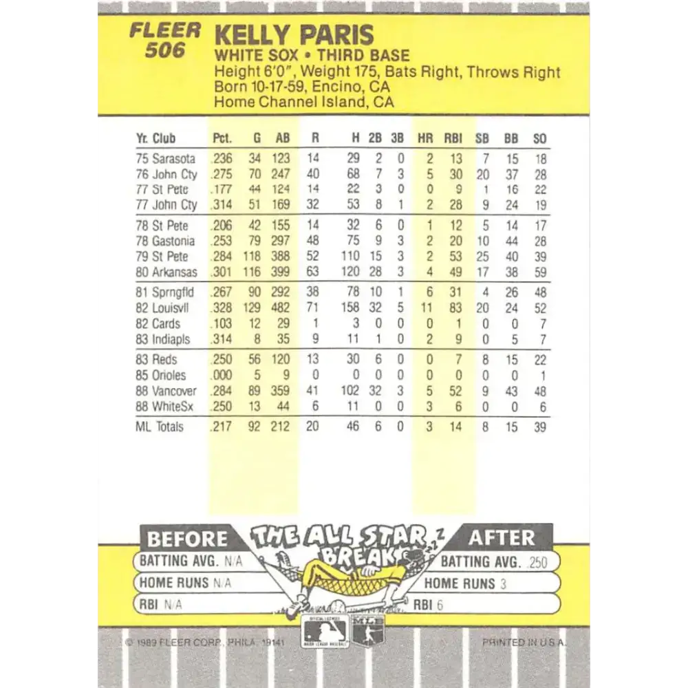 1989 Fleer #506 Kelly Paris EX Excellent Chicago White Sox Baseball Card - Baseball Card Single