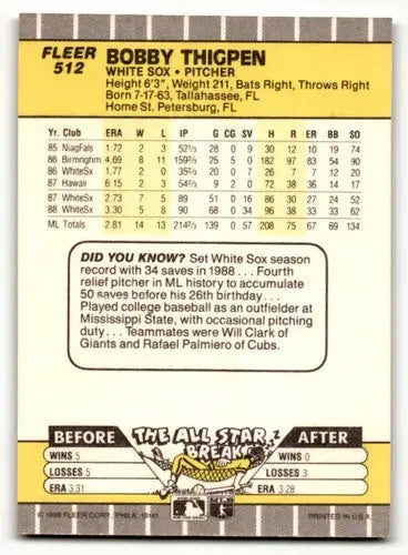 Chicago White Sox Bobby Thigpen baseball card from 1989 Fleer series