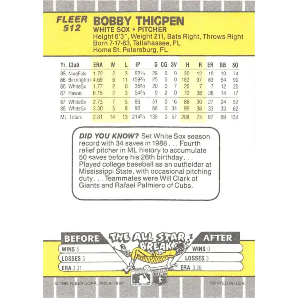 1989 Fleer #512 Bobby Thigpen EX Excellent Chicago White Sox Baseball Card - Baseball Card Single