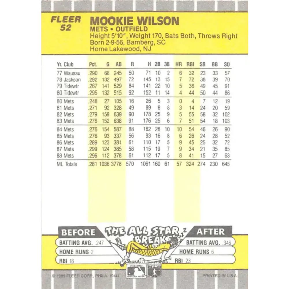 1989 Fleer #52 Mookie Wilson EX Excellent New York Mets Baseball Card - Baseball Card Single