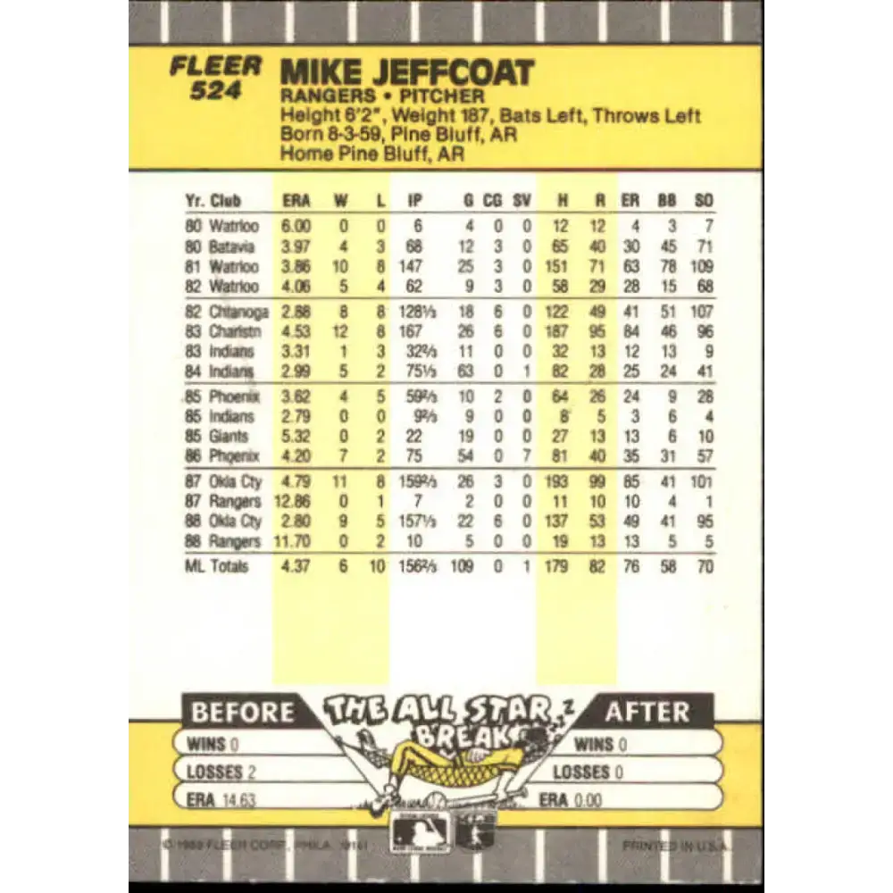 1989 Fleer #524 Mike Jeffcoat EX Excellent Texas Rangers Baseball Card - Baseball Card Single