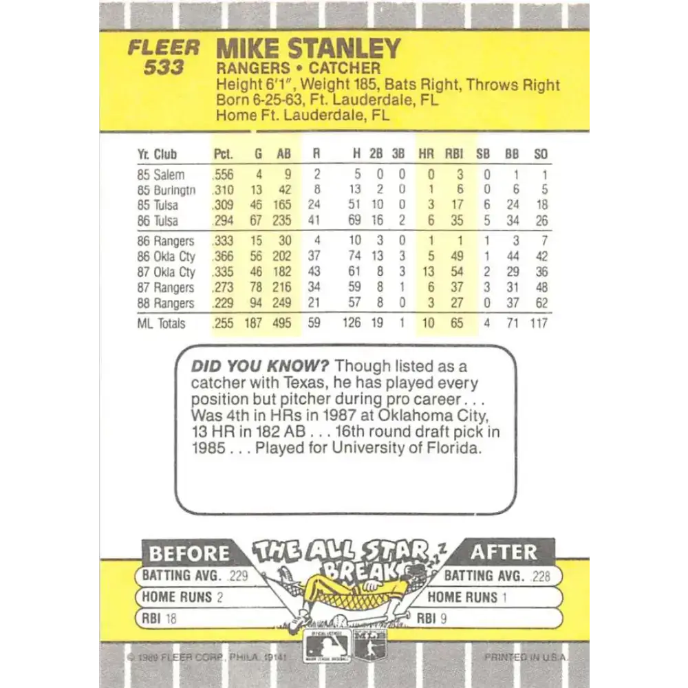 1989 Fleer #533 Mike Stanley EX Excellent Texas Rangers Baseball Card - Baseball Card Single