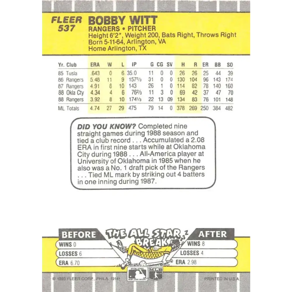 1989 Fleer #537 Bobby Witt EX Excellent Texas Rangers Baseball Card - Baseball Card Single