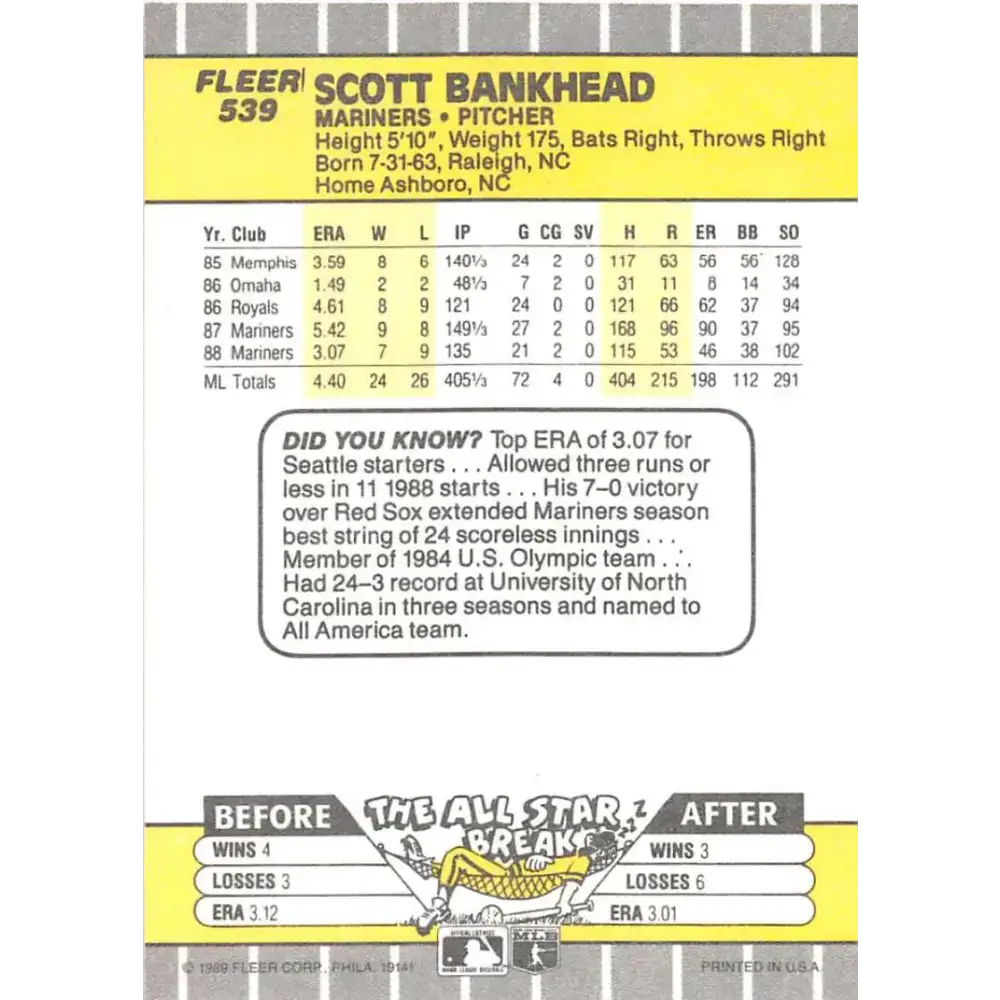 1989 Fleer #539 Scott Bankhead EX Excellent Seattle Mariners Baseball Card - Baseball Card Single