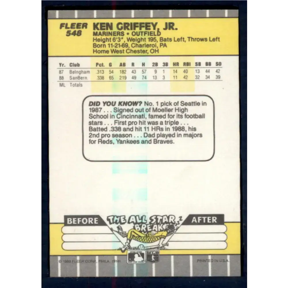 1989 Fleer #548 Ken Griffey Jr. EX Excellent RC Rookie Seattle Mariners Baseball Card - Baseball Card Single