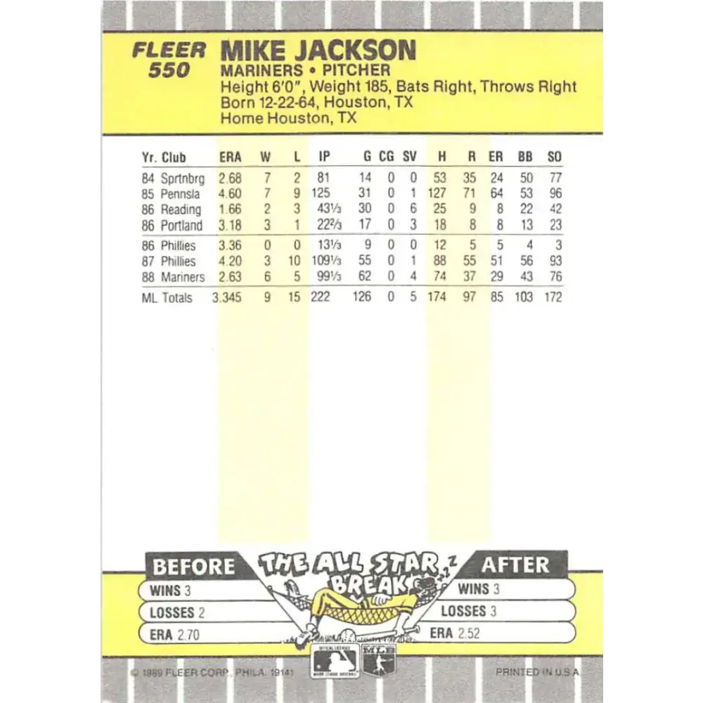 1989 Fleer #550 Mike Jackson EX Excellent Seattle Mariners Baseball Card - Baseball Card Single