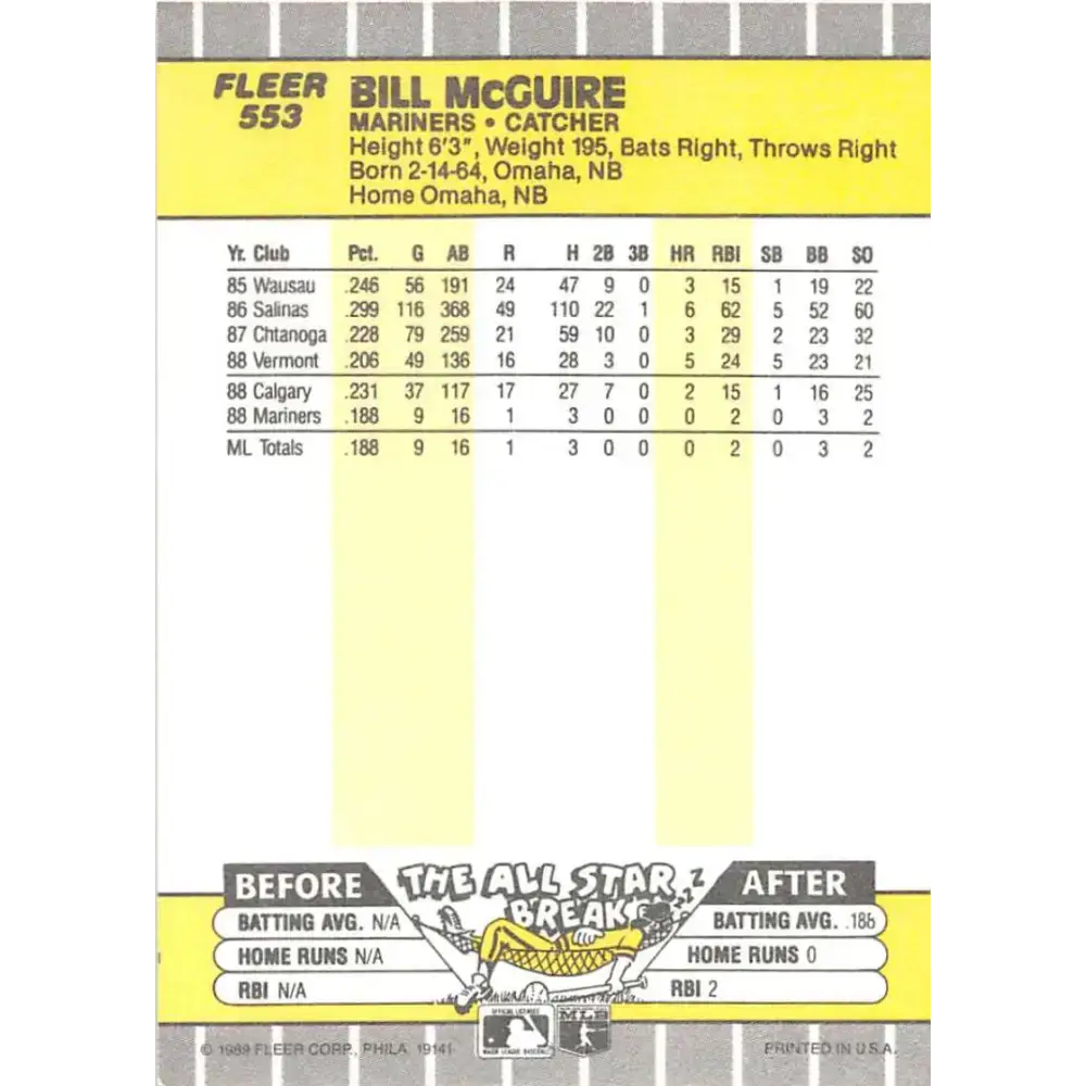 1989 Fleer #553 Bill McGuire EX Excellent RC Rookie Seattle Mariners Baseball Card - Baseball Card Single