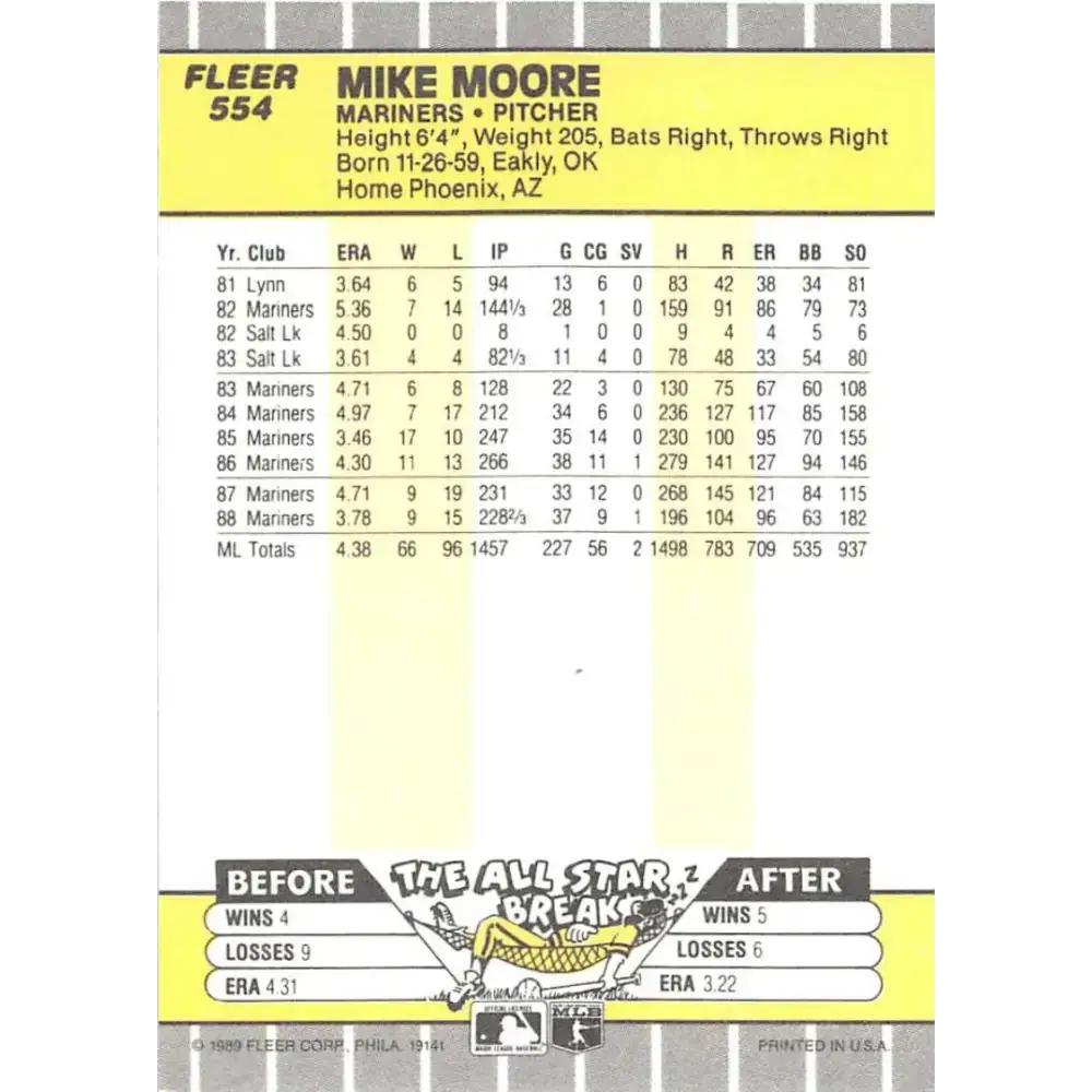 1989 Fleer #554 Mike Moore EX Excellent Seattle Mariners Baseball Card - Baseball Card Single
