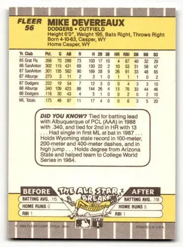Baseball card back featuring Mike Devereaux Los Angeles Dodgers 1989 Fleer #56