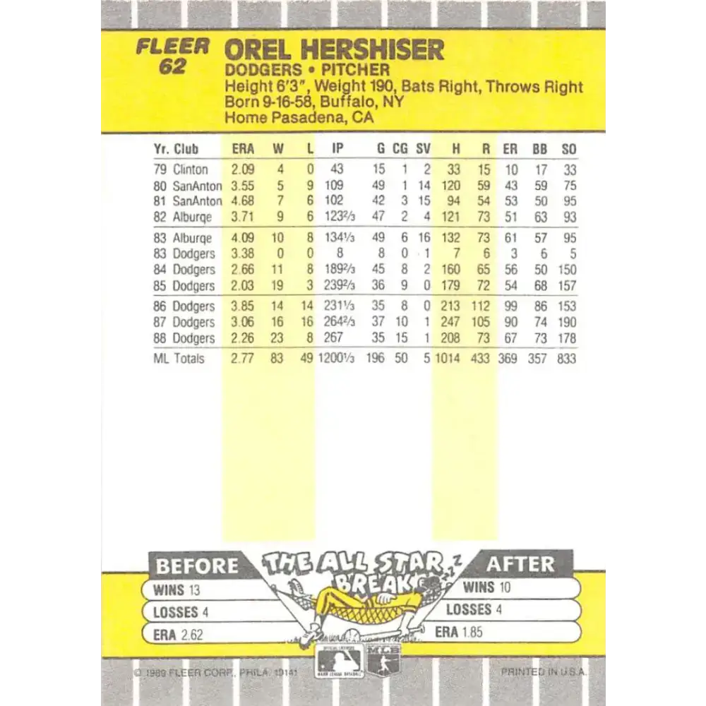 1989 Fleer #62 Orel Hershiser EX Excellent Los Angeles Dodgers Baseball Card - Baseball Card Single
