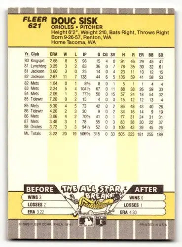 1989 Fleer Doug Sisk Baltimore Orioles baseball card, near mint condition