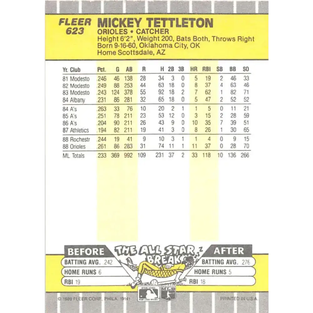 1989 Fleer #623 Mickey Tettleton EX Excellent Baltimore Orioles Baseball Card - Baseball Card Single