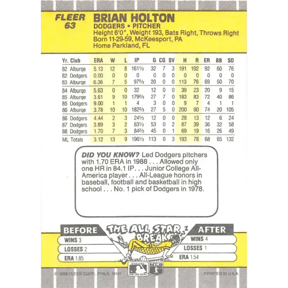 1989 Fleer #63 Brian Holton EX Excellent Los Angeles Dodgers Baseball Card - Baseball Card Single