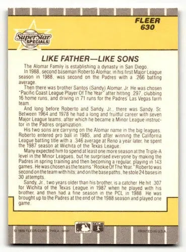 Baseball card back featuring original gloss of Sandy Alomar and SSS San Diego Padres