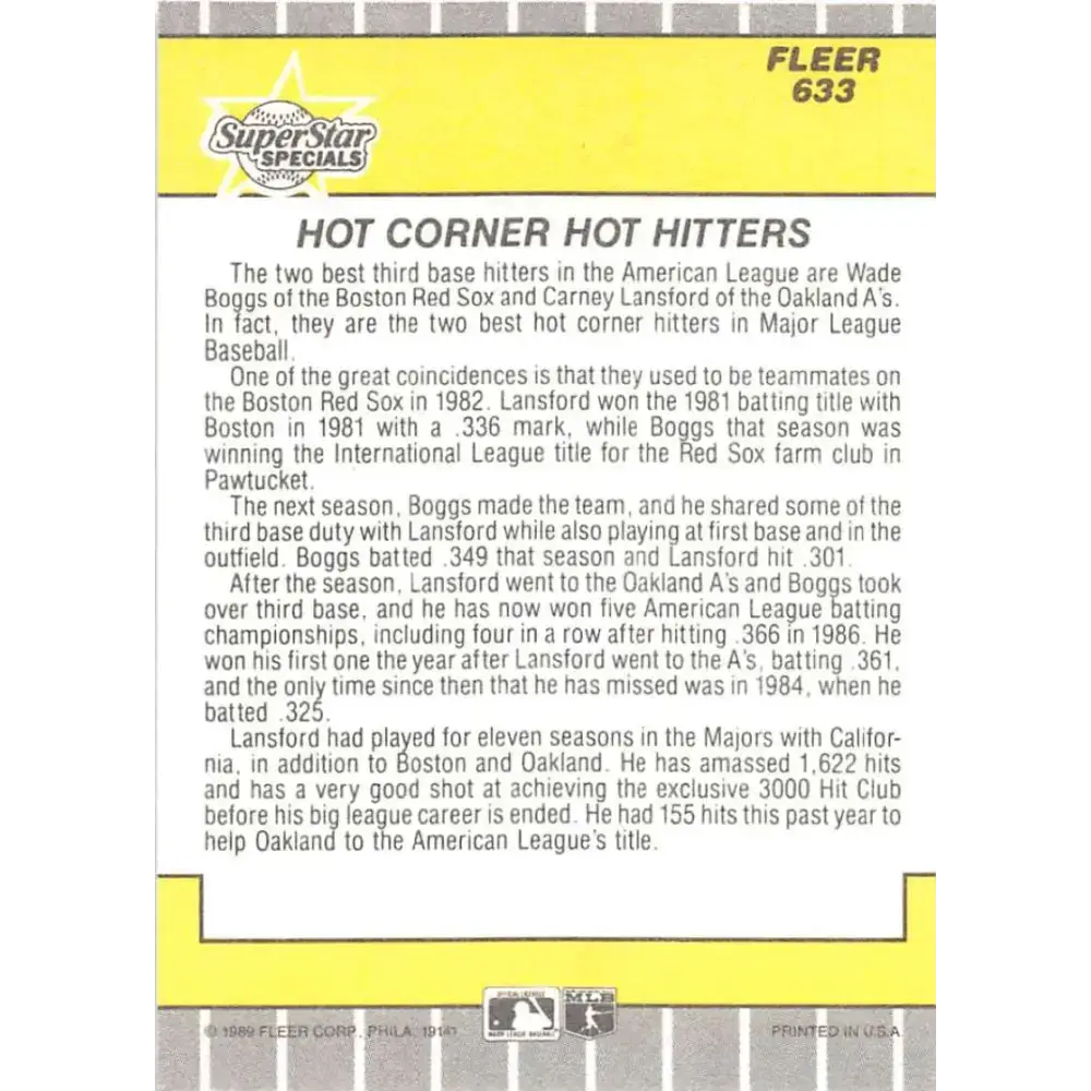 1989 Fleer #633 Wade Boggs/Carney Lansford EX Excellent Boston Red Sox/Oakland Athletics Baseball Card - Baseball Card