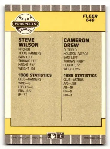 Baseball card back featuring Cameron Drew MLP, Steve Wilson, from 1989 Fleer #640 Texas Rangers