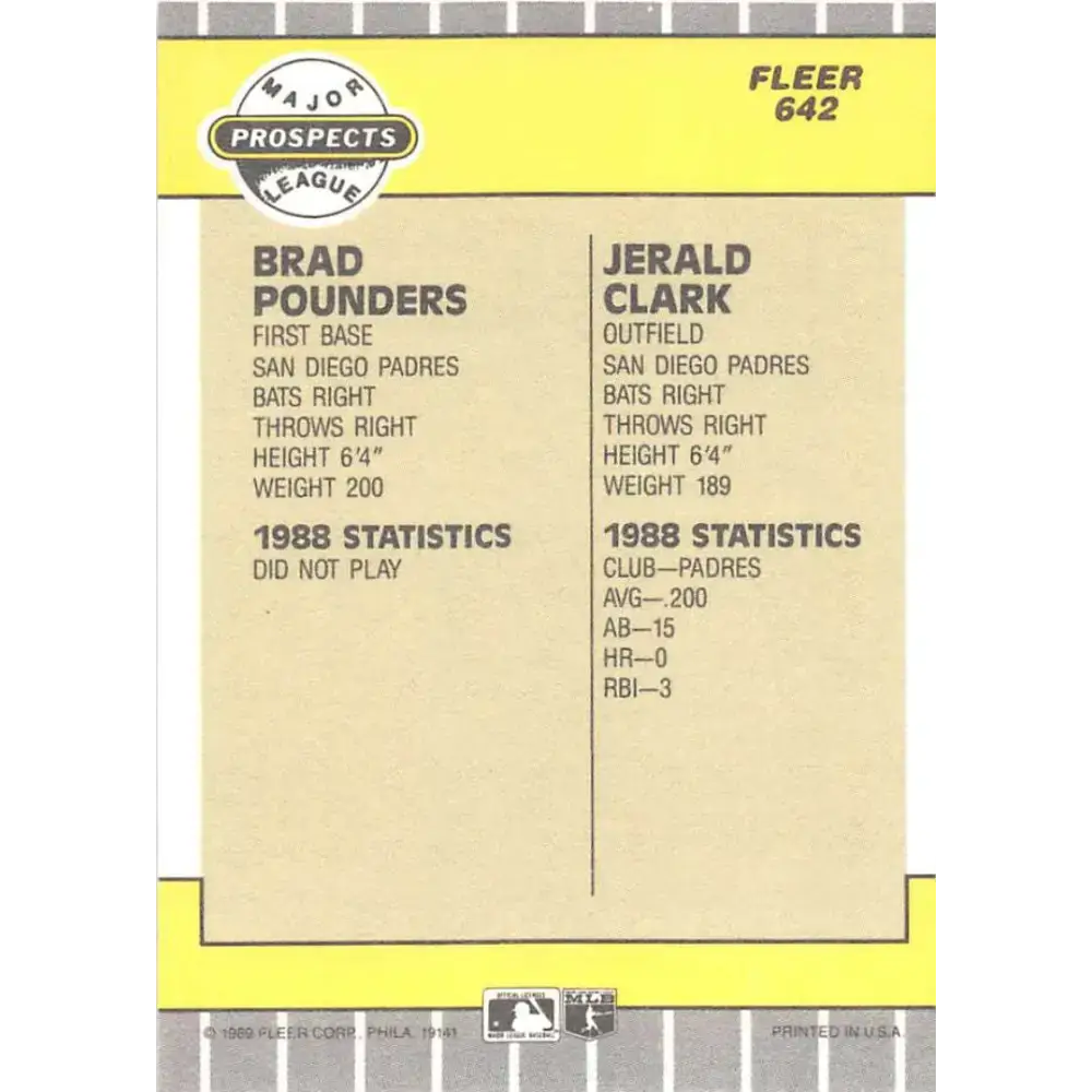 1989 Fleer #642 Brad Pounders/Jerald Clark EX Excellent RC Rookie San Diego Padres Baseball Card - Baseball Card Single