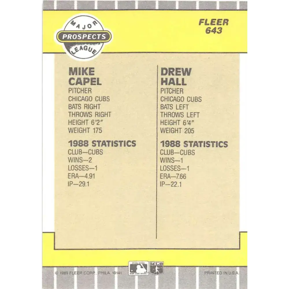 1989 Fleer #643 Mike Capel/Drew Hall EX Excellent Chicago Cubs Baseball Card - Baseball Card Single