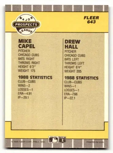Baseball card back featuring Mike Capel and Drew Hall of the Chicago Cubs