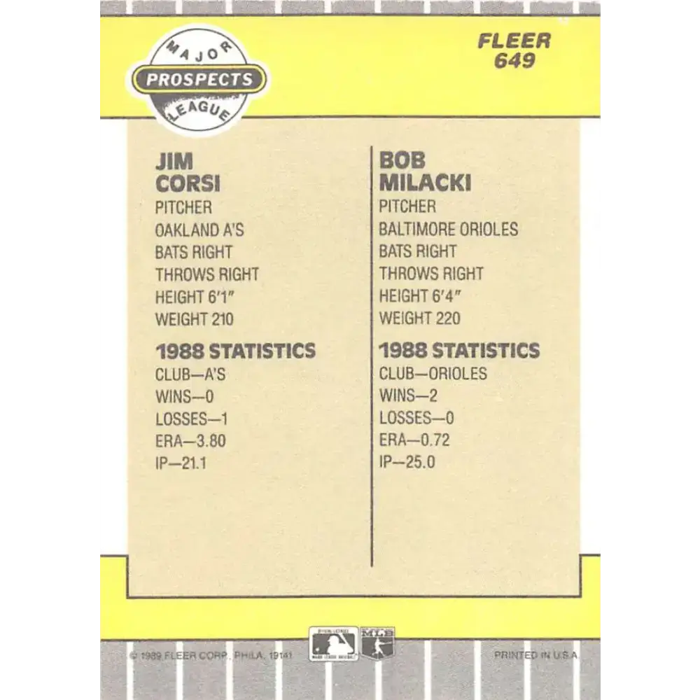 1989 Fleer #649 Jim Corsi/Bob Milacki EX Excellent RC Rookie Oakland Athletics/Baltimore Orioles Baseball Card