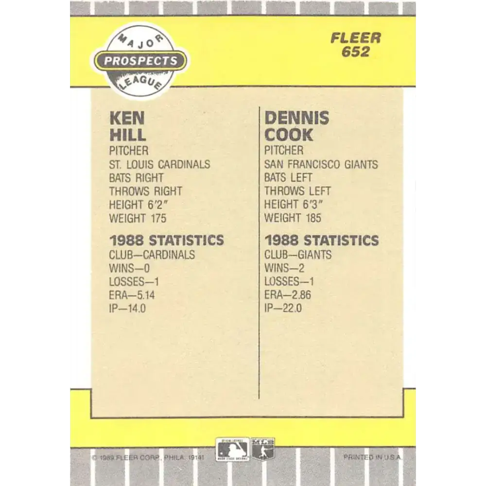 1989 Fleer #652 Ken Hill/Dennis Cook EX Excellent RC Rookie St. Louis Cardinals/San Francisco Giants Baseball Card