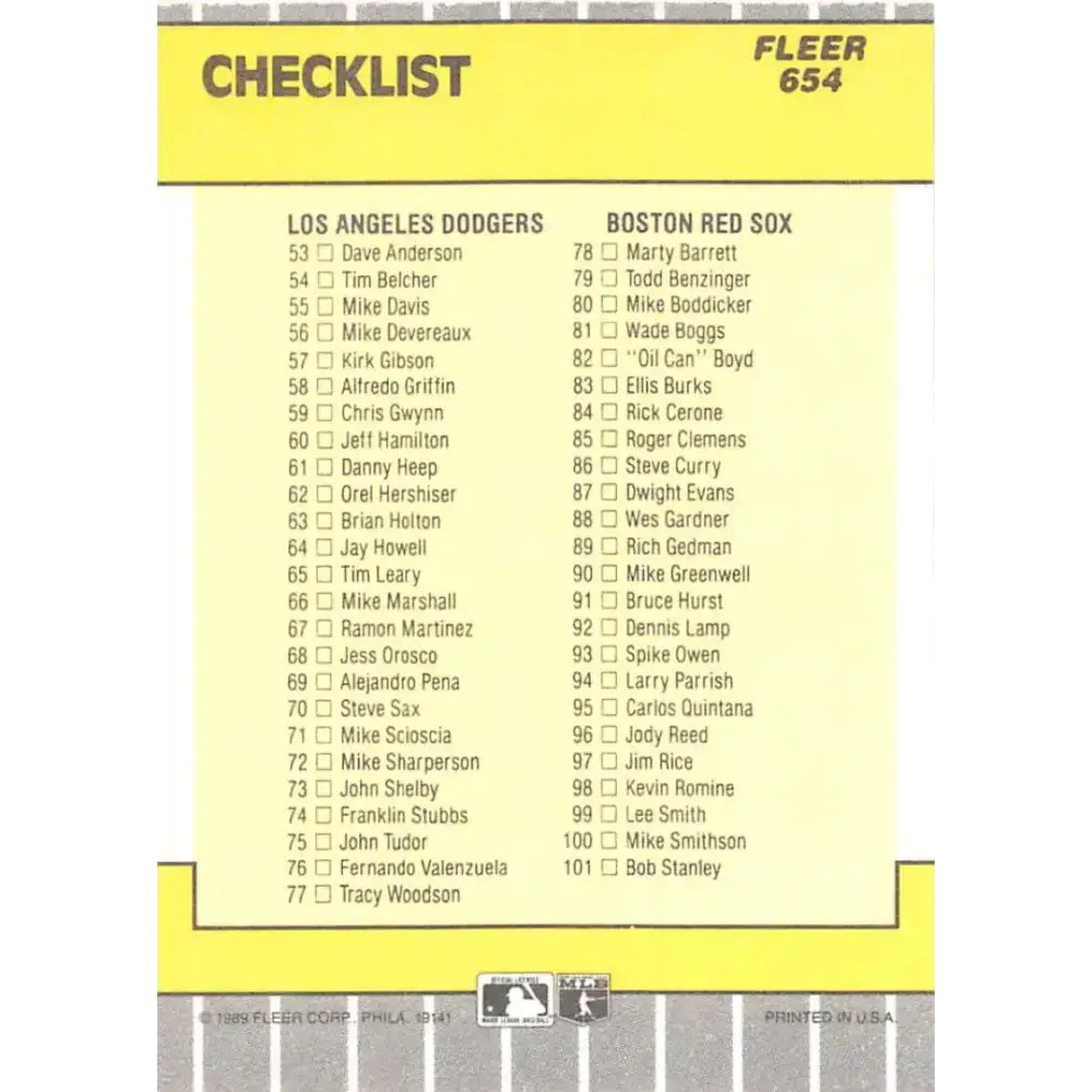 1989 Fleer #654 Checklist Oakland/Mets Dodgers/Red Sox EX Excellent Oakland Athletics/New York Mets/Los Angeles