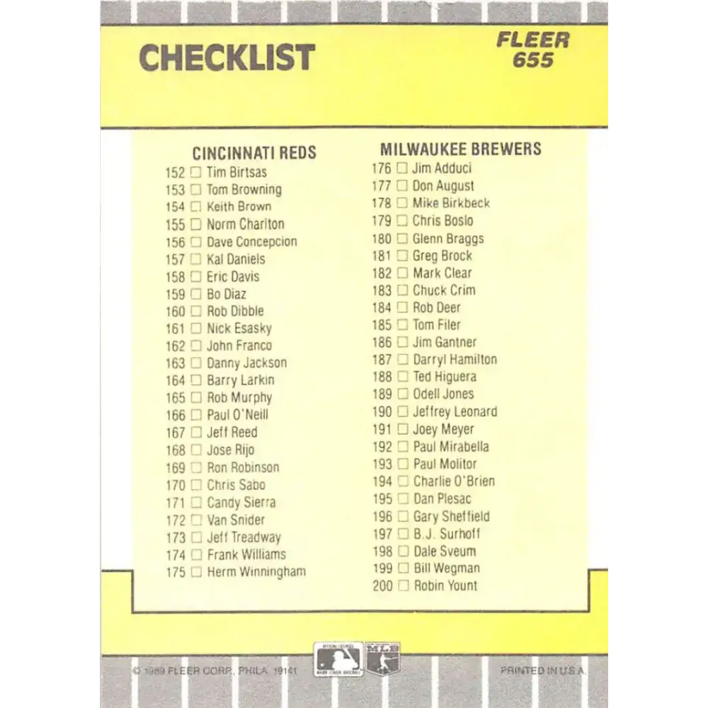 1989 Fleer #655b Checklist Twins/Tigers Reds/Brewers EX Excellent Minnesota Twins/Detroit Tigers/Cincinnati