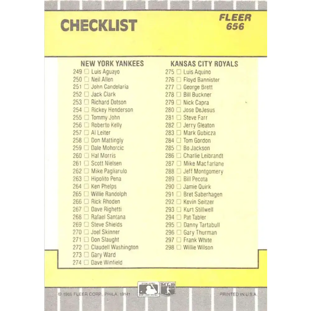 1989 Fleer #656 Checklist Pirates/Blue Jays Yankees/Royals EX Excellent Pittsburgh Pirates/Toronto Blue Jays/New York