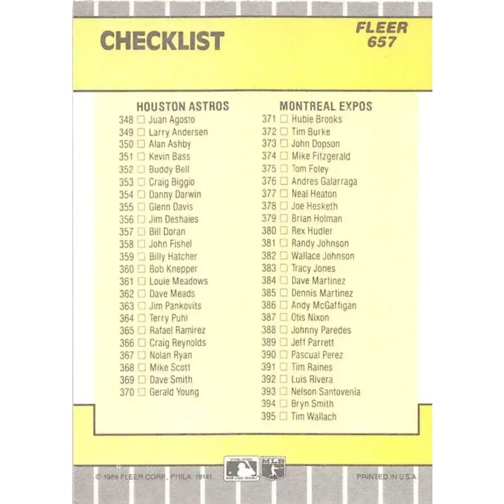 1989 Fleer #657 Checklist Padres/Giants Astros/Expos EX Excellent San Diego Padres/San Francisco Giants/Houston