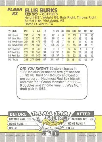 1989 Fleer Ellis Burks baseball card with original gloss, NM-MT quality, Boston Red Sox