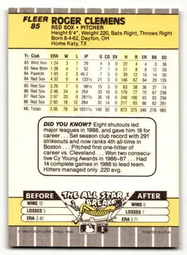 1989 Fleer #85 Roger Clemens Boston Red Sox Baseball Cards NM Near M ID:60731 - Baseball Cards