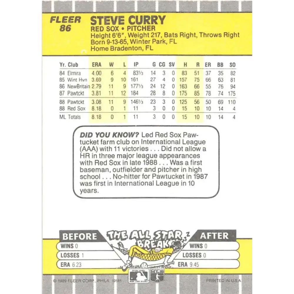 1989 Fleer #86 Steve Curry EX Excellent RC Rookie Boston Red Sox Baseball Card - Baseball Card Single