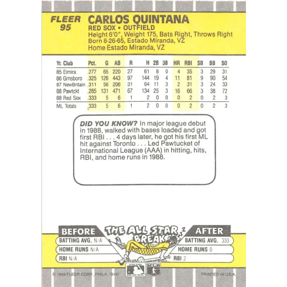 1989 Fleer #95 Carlos Quintana EX Excellent RC Rookie Boston Red Sox Baseball Card - Baseball Card Single