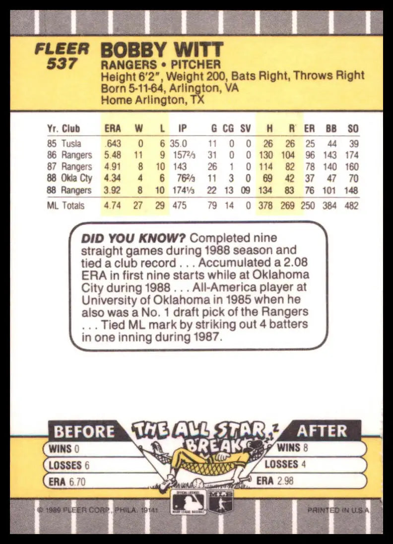 1989 Fleer Bobby Witt 537 Texas Rangers NM - Baseball Card Single