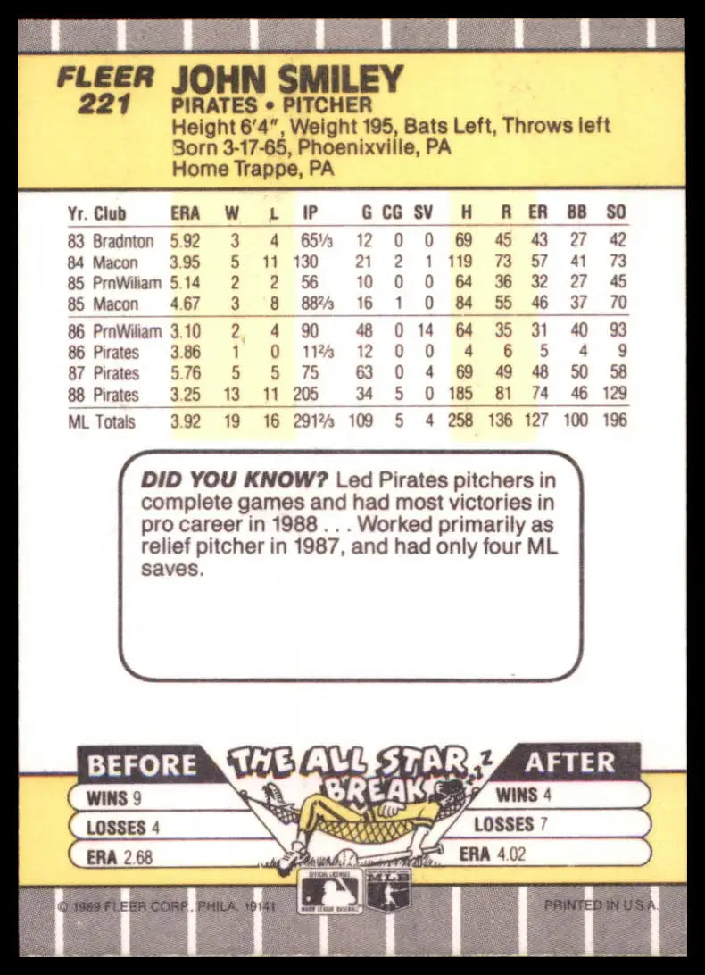 1989 Fleer John Smiley 221 Pittsburgh Pirates NM - Baseball Card Single
