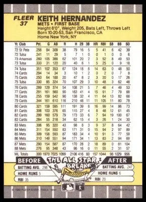 1989 Fleer Keith Hernandez 37 New York Mets NM - Baseball Card Single