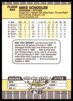 1989 Fleer Mike Schooler RC 559 Seattle Mariners NM - Baseball Card Single