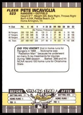1989 Fleer Pete Incaviglia 523 Texas Rangers NM - Baseball Card Single