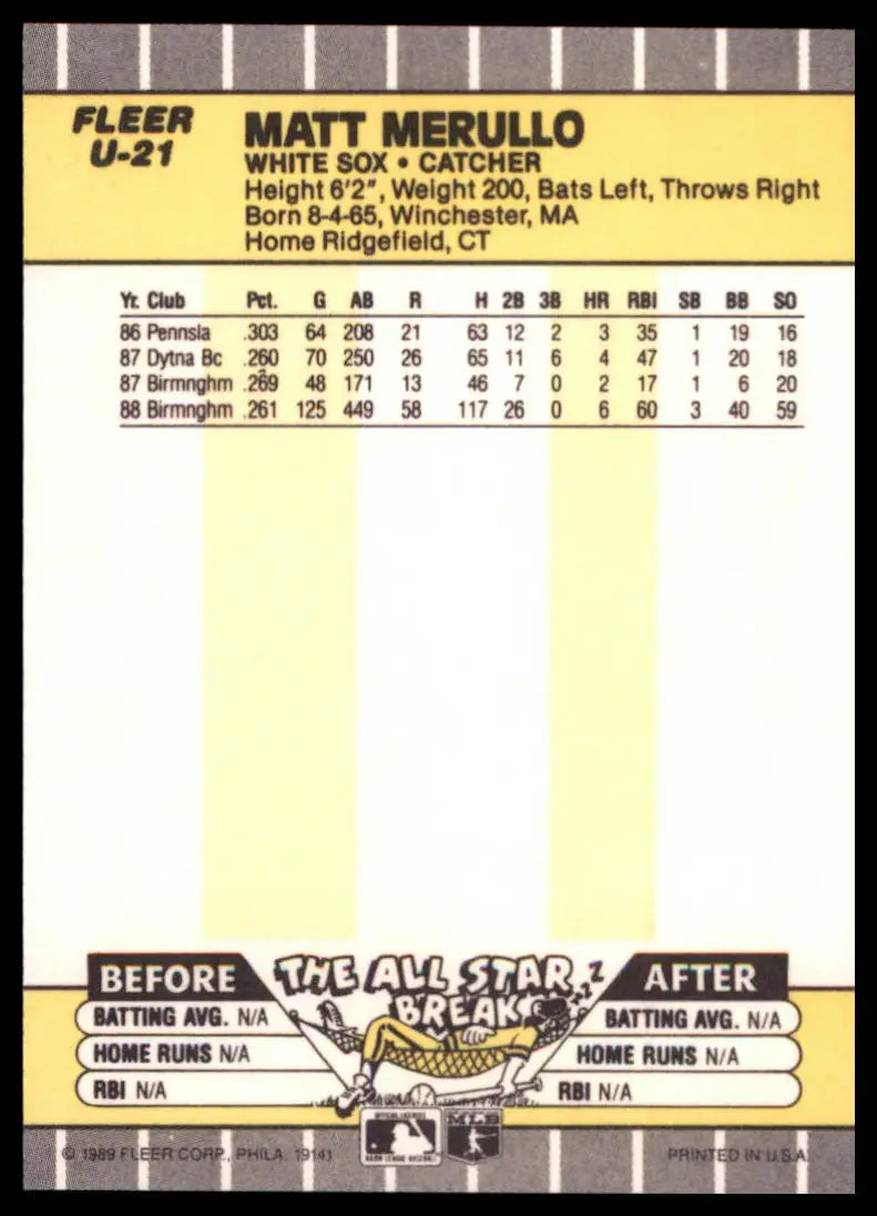 1989 Fleer Update Matt Merullo U-21 Chicago White Sox NM - Baseball Card Single