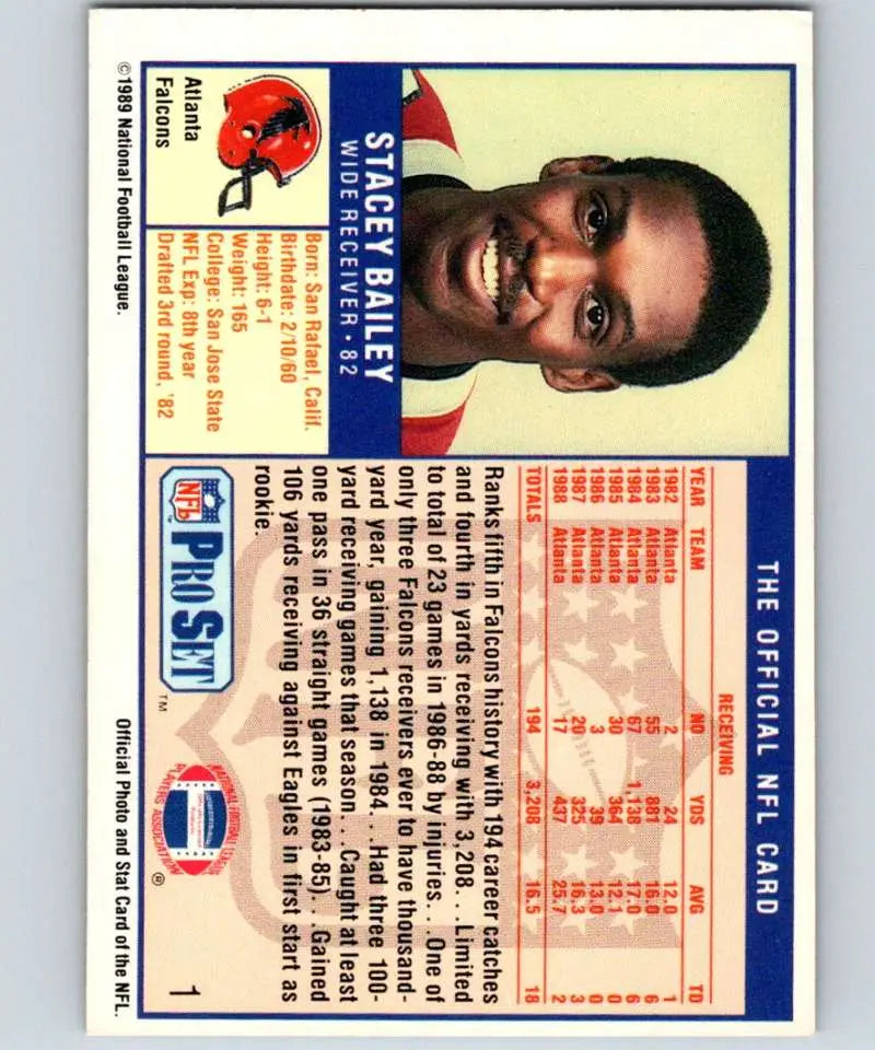 1989 Pro Set #1 Stacey Bailey EX Excellent Atlanta Falcons Football Card - Football Card Single