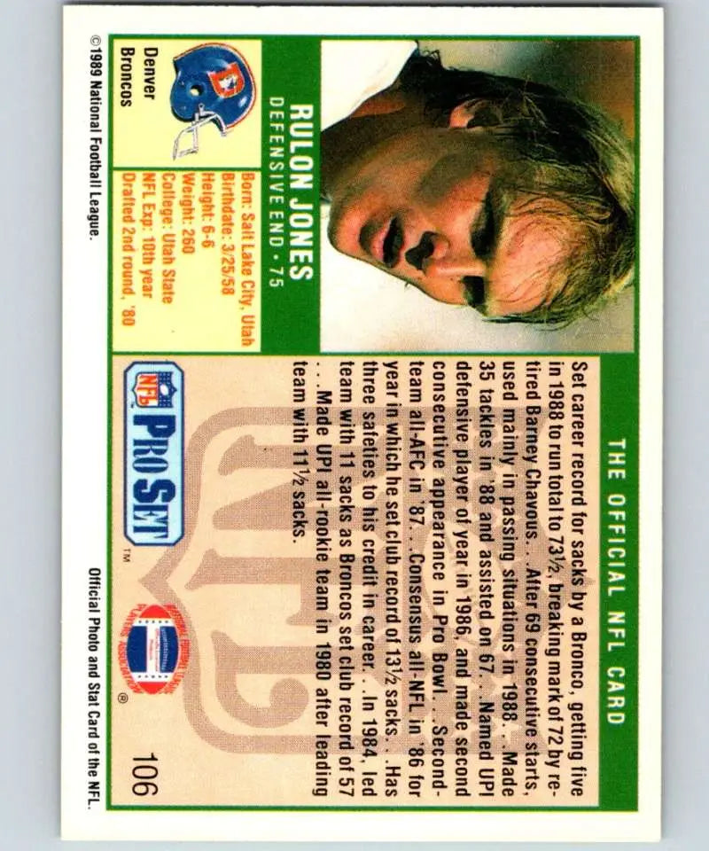 1989 Pro Set #106 Rulon Jones EX Excellent Denver Broncos Football Card - Football Card Single