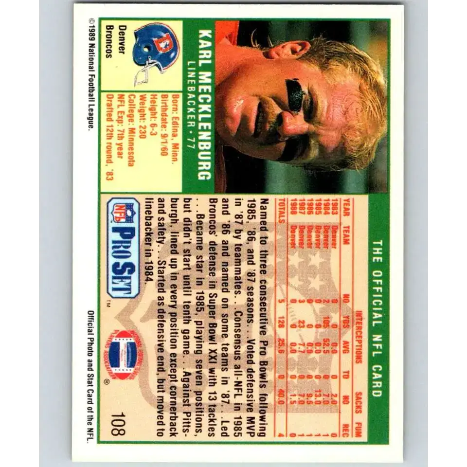 1989 Pro Set #108 Karl Mecklenburg NM-MT Denver Broncos Football Card - Football Card Single