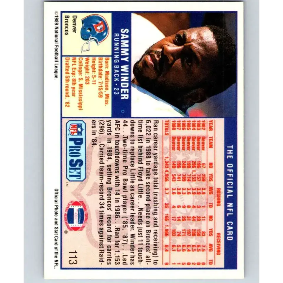 1989 Pro Set #113 Sammy Winder NM-MT Denver Broncos Football Card - Football Card Single