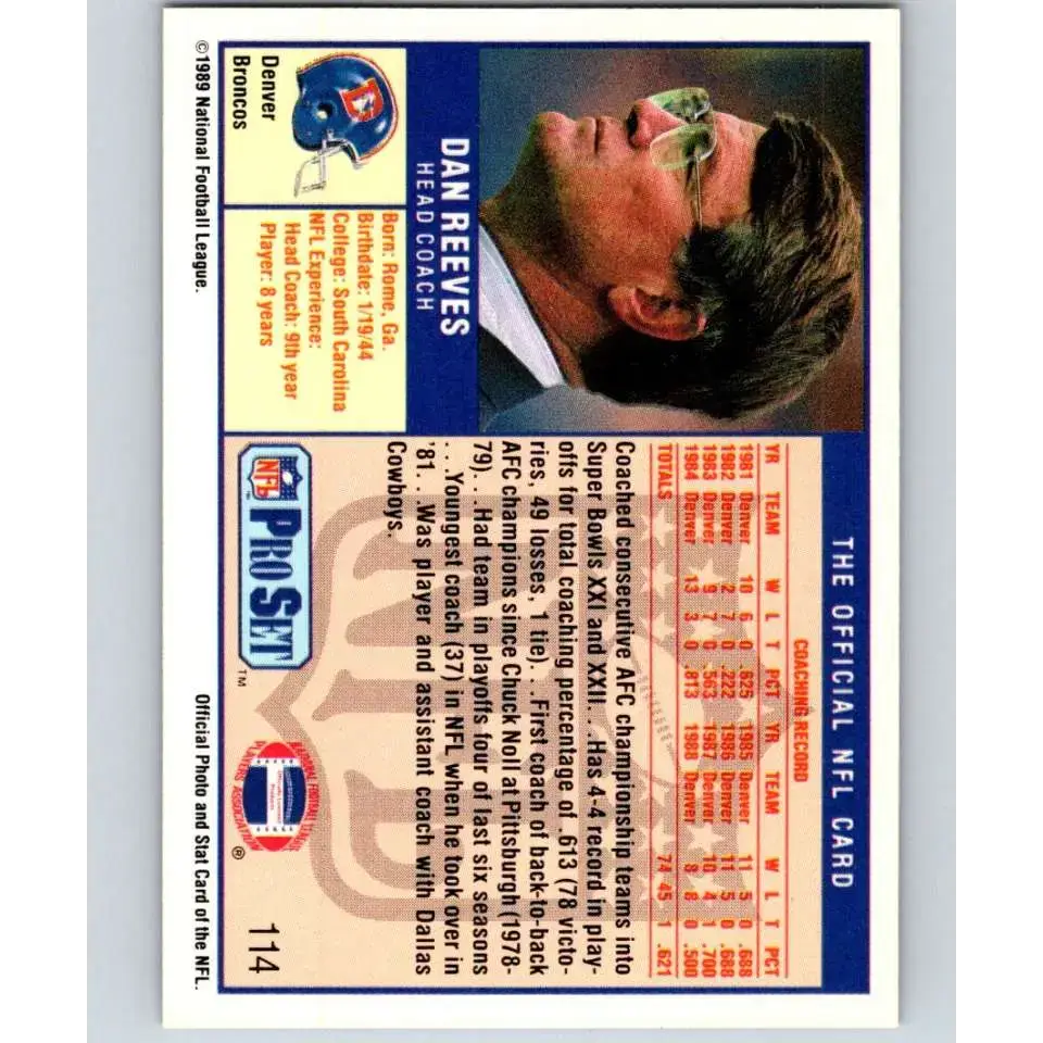 1989 Pro Set #114 Dan Reeves CO NM-MT Denver Broncos Football Card - Football Card Single