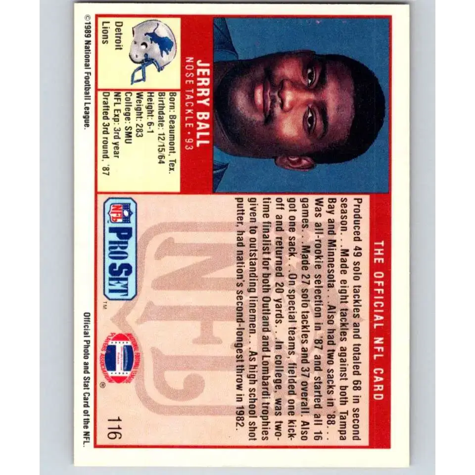 1989 Pro Set #116 Jerry Ball NM-MT RC Rookie Detroit Lions Football Card - Football Card Single